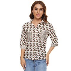 Cute Deer Pattern White Women s Quarter Sleeve Pocket Shirt