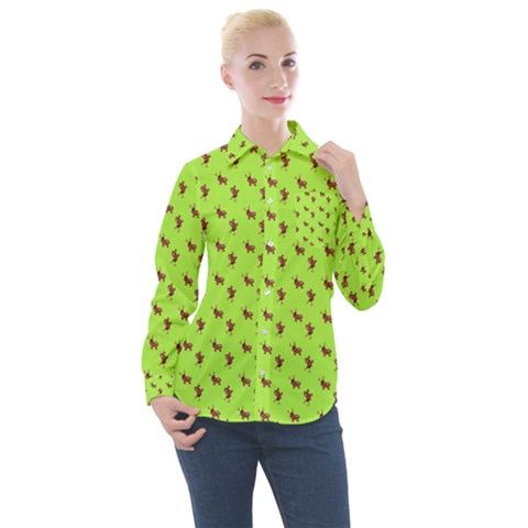 Kawaii Cute Deer Green Women s Long Sleeve Pocket Shirt by snowwhitegirl