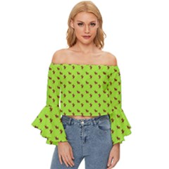 Kawaii Cute Deer Green Off Shoulder Flutter Bell Sleeve Top by snowwhitegirl