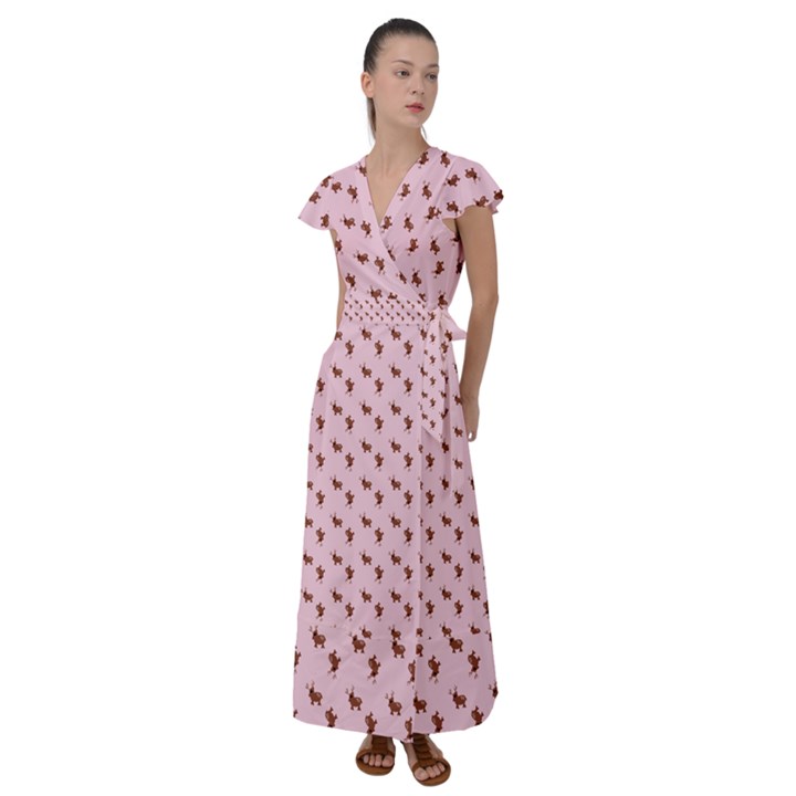 Kawaii Cute Deer Pink Flutter Sleeve Maxi Dress