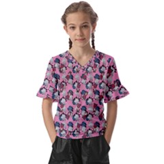 Vintage Floral And Goth Girl Kids  V-neck Horn Sleeve Blouse