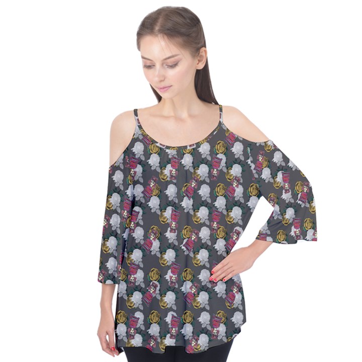 Vintage Floral And Goth Girl Grey Bg Flutter Sleeve Tee 