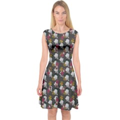 Vintage Floral And Goth Girl Grey Bg Capsleeve Midi Dress