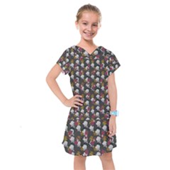 Vintage Floral And Goth Girl Grey Bg Kids  Drop Waist Dress by snowwhitegirl