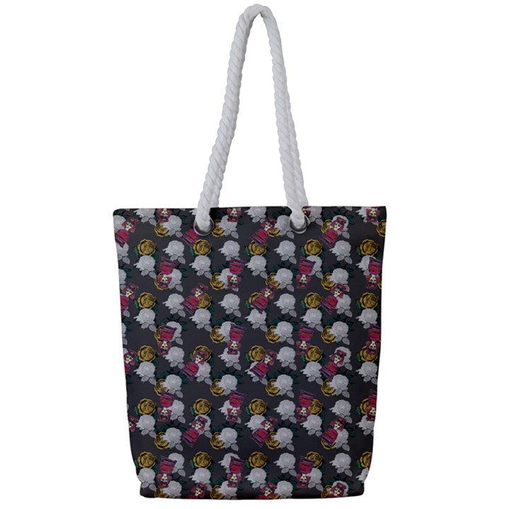 Vintage Floral And Goth Girl Grey Bg Full Print Rope Handle Tote (Small)