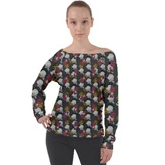 Vintage Floral And Goth Girl Grey Bg Off Shoulder Long Sleeve Velour Top by snowwhitegirl