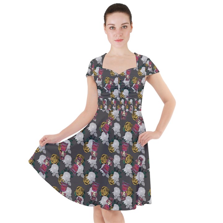 Vintage Floral And Goth Girl Grey Bg Cap Sleeve Midi Dress