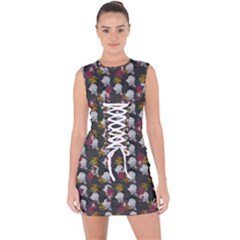 Vintage Floral And Goth Girl Grey Bg Lace Up Front Bodycon Dress by snowwhitegirl