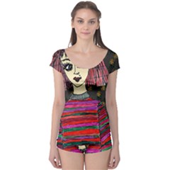 Floral Band Goth Girl Grey Bg Boyleg Leotard  by snowwhitegirl