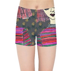 Floral Band Goth Girl Grey Bg Kids  Sports Shorts by snowwhitegirl