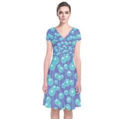 Blue Dandelions  Cute Plants Short Sleeve Front Wrap Dress by SychEva