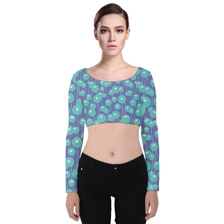 Blue Dandelions  Cute Plants Velvet Long Sleeve Crop Top