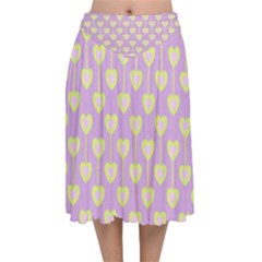 Yellow Hearts On A Light Purple Background Velvet Flared Midi Skirt by SychEva