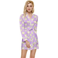 Yellow Hearts On A Light Purple Background Long Sleeve Satin Robe by SychEva