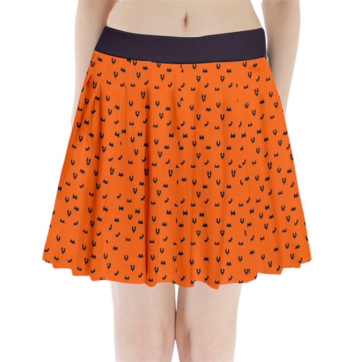 Halloween, Black bats pattern on orange Pleated Mini Skirt