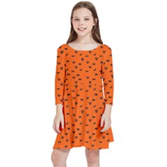 Halloween, Black Bats Pattern On Orange Kids  Quarter Sleeve Skater Dress by Casemiro