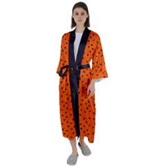 Halloween, Black Bats Pattern On Orange Maxi Satin Kimono