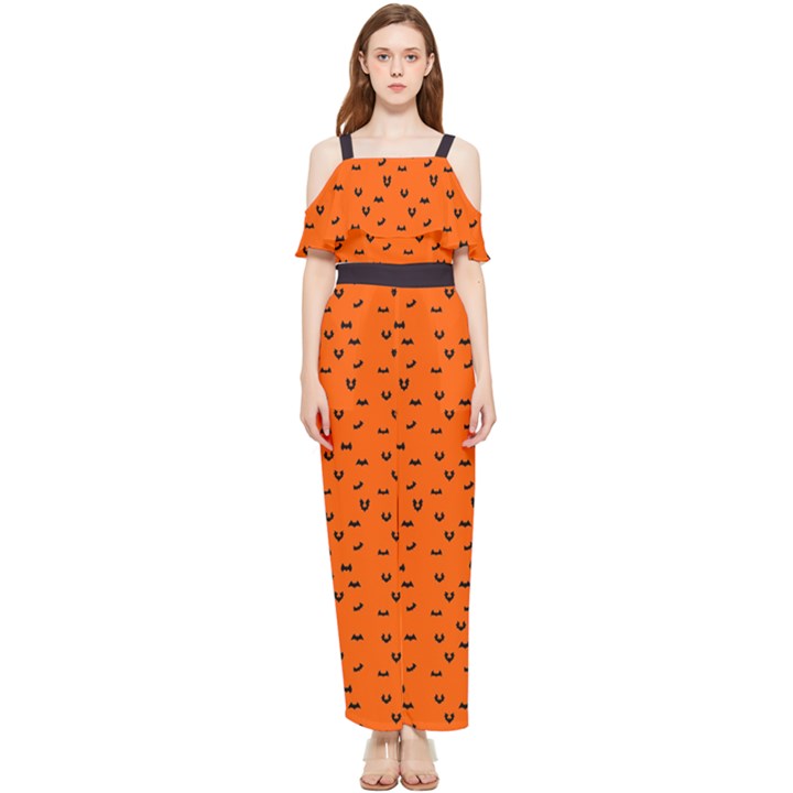 Halloween, Black bats pattern on orange Draped Sleeveless Chiffon Jumpsuit