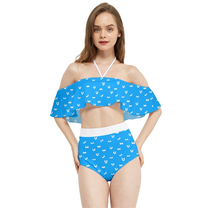 Halloween white bars at sky blue color Halter Flowy Bikini Set 