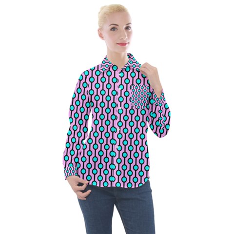 Blue Circles On Purple Background Geometric Ornament Women s Long Sleeve Pocket Shirt by SychEva