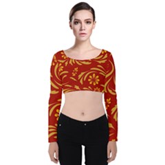 Folk Flowers Pattern Floral Surface Design Seamless Pattern Velvet Long Sleeve Crop Top by Eskimos