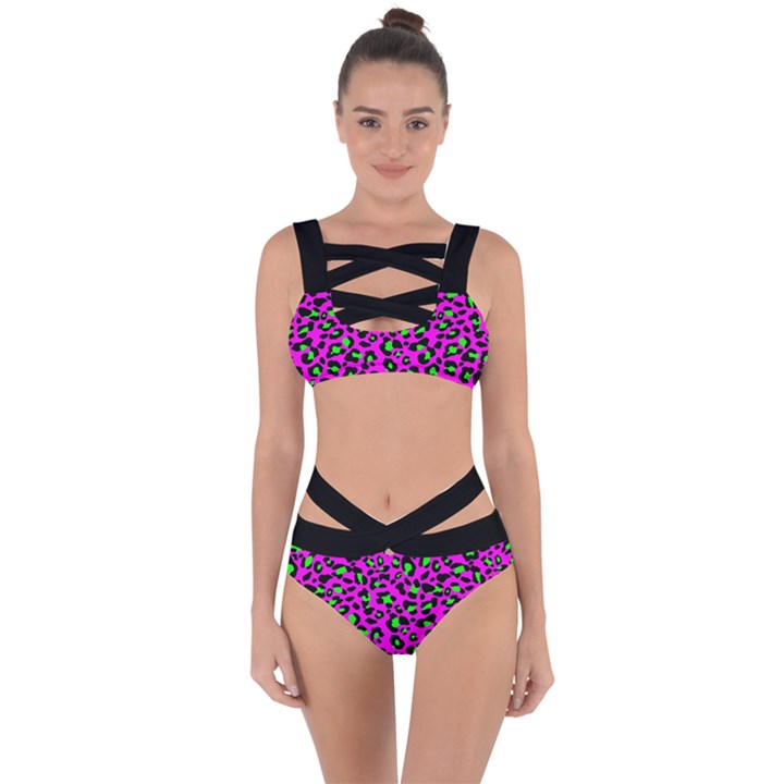 Pink and green leopard spots pattern Bandaged Up Bikini Set 