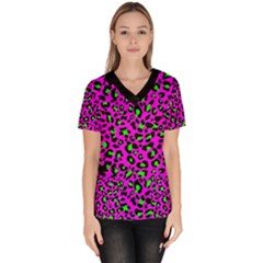 Pink And Green Leopard Spots Pattern Women s V-neck Scrub Top by Casemiro