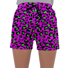 Pink And Green Leopard Spots Pattern Sleepwear Shorts by Casemiro