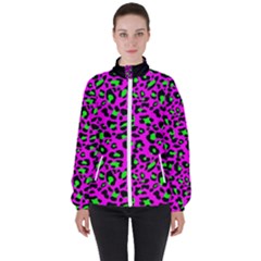 Pink And Green Leopard Spots Pattern Women s High Neck Windbreaker by Casemiro