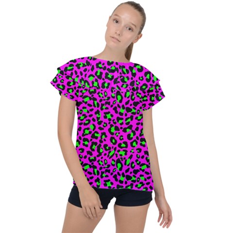 Pink And Green Leopard Spots Pattern Ruffle Collar Chiffon Blouse by Casemiro