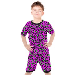 Pink And Green Leopard Spots Pattern Kids  Tee And Shorts Set by Casemiro