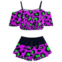 Pink And Green Leopard Spots Pattern Kids  Off Shoulder Skirt Bikini by Casemiro