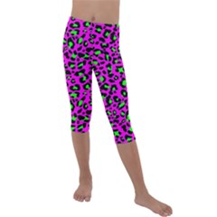 Pink And Green Leopard Spots Pattern Kids  Lightweight Velour Capri Leggings  by Casemiro