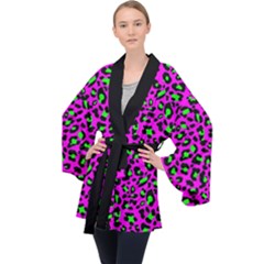 Pink And Green Leopard Spots Pattern Long Sleeve Velvet Kimono  by Casemiro