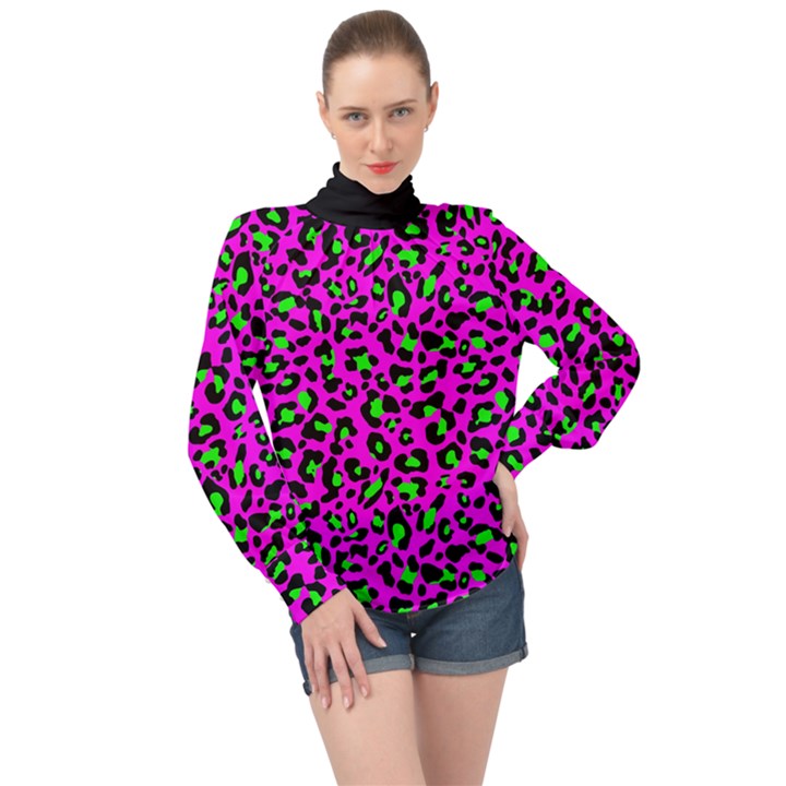 Pink and green leopard spots pattern High Neck Long Sleeve Chiffon Top