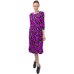 Pink And Green Leopard Spots Pattern Ruffle End Midi Chiffon Dress by Casemiro