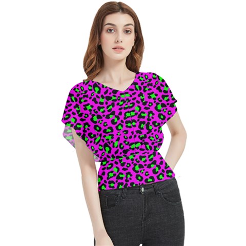 Pink And Green Leopard Spots Pattern Butterfly Chiffon Blouse by Casemiro