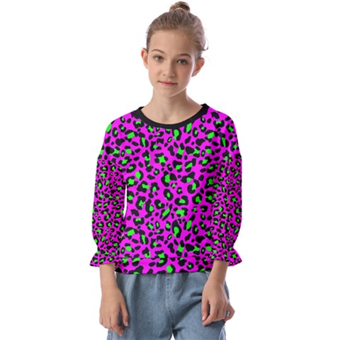 Pink And Green Leopard Spots Pattern Kids  Cuff Sleeve Top by Casemiro