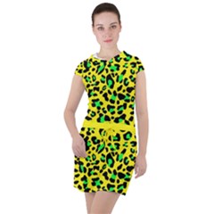 Yellow And Green, Neon Leopard Spots Pattern Drawstring Hooded Dress by Casemiro