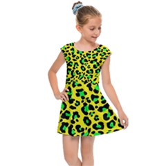 Yellow And Green, Neon Leopard Spots Pattern Kids  Cap Sleeve Dress by Casemiro