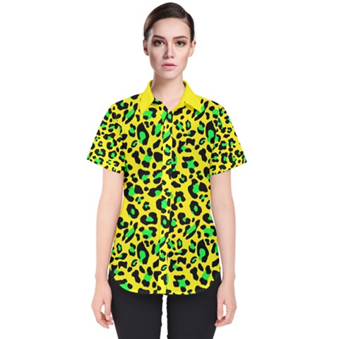 Yellow And Green, Neon Leopard Spots Pattern Women s Short Sleeve Shirt by Casemiro