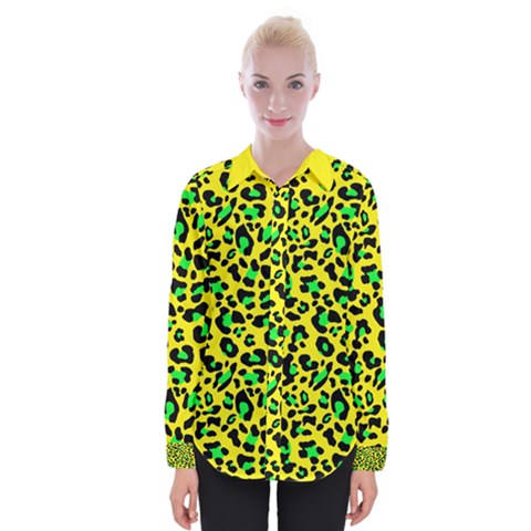 Yellow And Green, Neon Leopard Spots Pattern Womens Long Sleeve Shirt by Casemiro