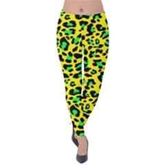 Yellow And Green, Neon Leopard Spots Pattern Velvet Leggings