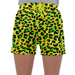 Yellow And Green, Neon Leopard Spots Pattern Sleepwear Shorts by Casemiro