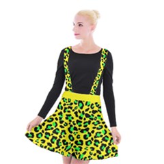 Yellow And Green, Neon Leopard Spots Pattern Suspender Skater Skirt by Casemiro