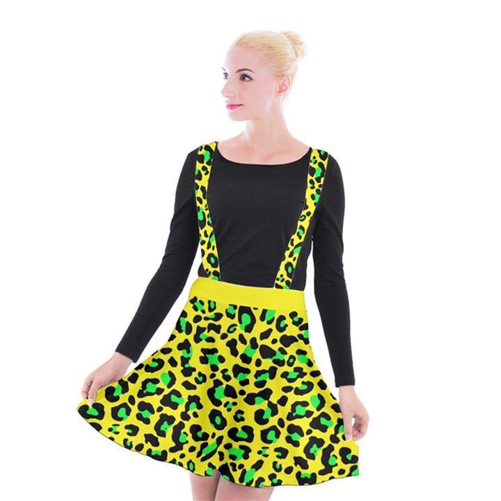 Yellow and green, neon leopard spots pattern Suspender Skater Skirt