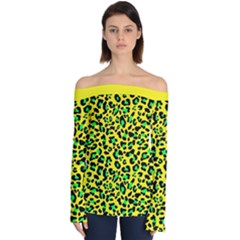 Yellow And Green, Neon Leopard Spots Pattern Off Shoulder Long Sleeve Top by Casemiro