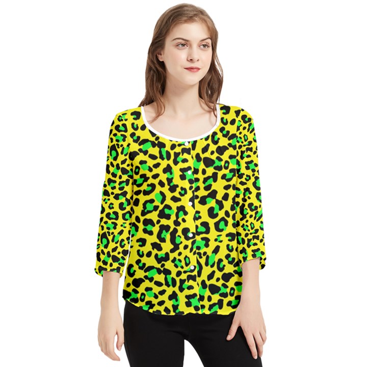 Yellow and green, neon leopard spots pattern Chiffon Quarter Sleeve Blouse