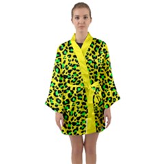 Yellow And Green, Neon Leopard Spots Pattern Long Sleeve Satin Kimono by Casemiro