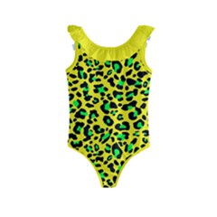 Yellow And Green, Neon Leopard Spots Pattern Kids  Frill Swimsuit